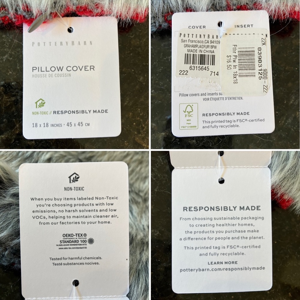 New Pottery Barn Graham Plaid Faux Fur Back Pillow Cover, Grey White Red Plaid - Picture 16 of 16